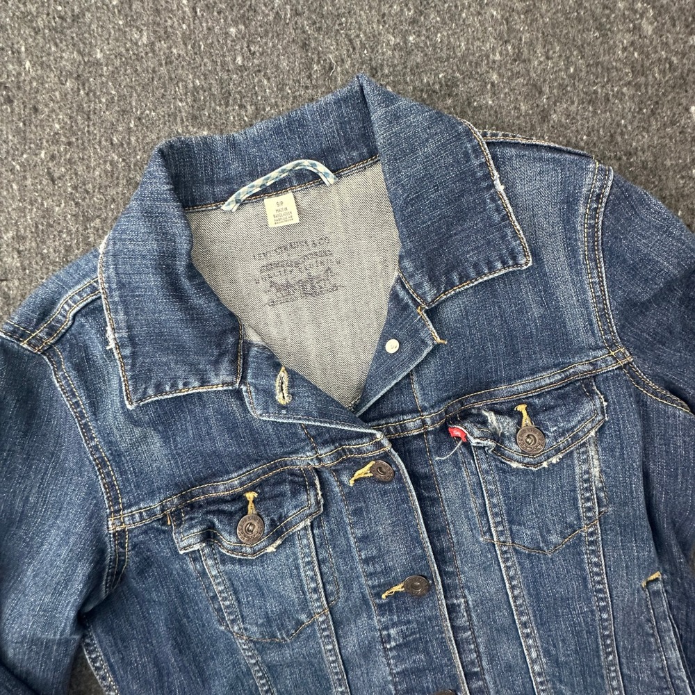 Levi Strauss & Co Denim Jacket Girls Small Blue Trucker Distressed Stretch